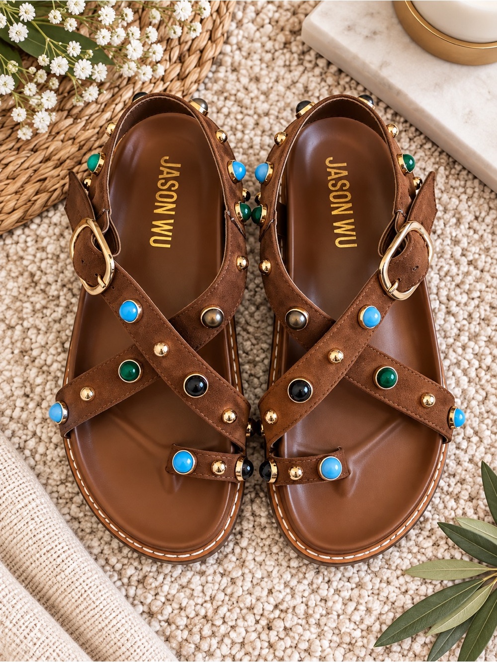 BNWT Jason Wu Brown Studded Sandals with Multicolor Stones